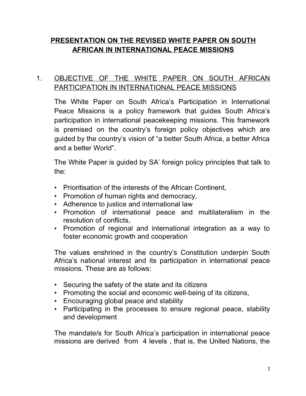 Presentation on the Revised White Paper on South African in International Peace Missions