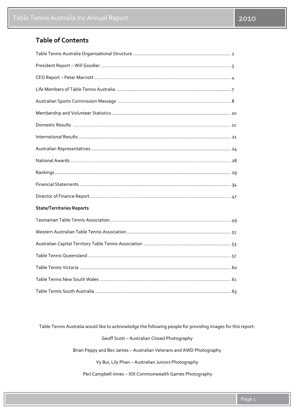 Table Tennis Australia Inc Annual Report 2010