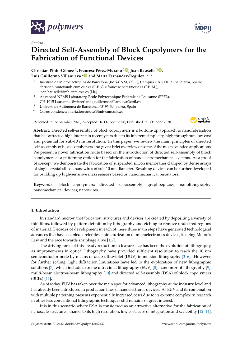 Directed Self-Assembly of Block Copolymers for the Fabrication of Functional Devices