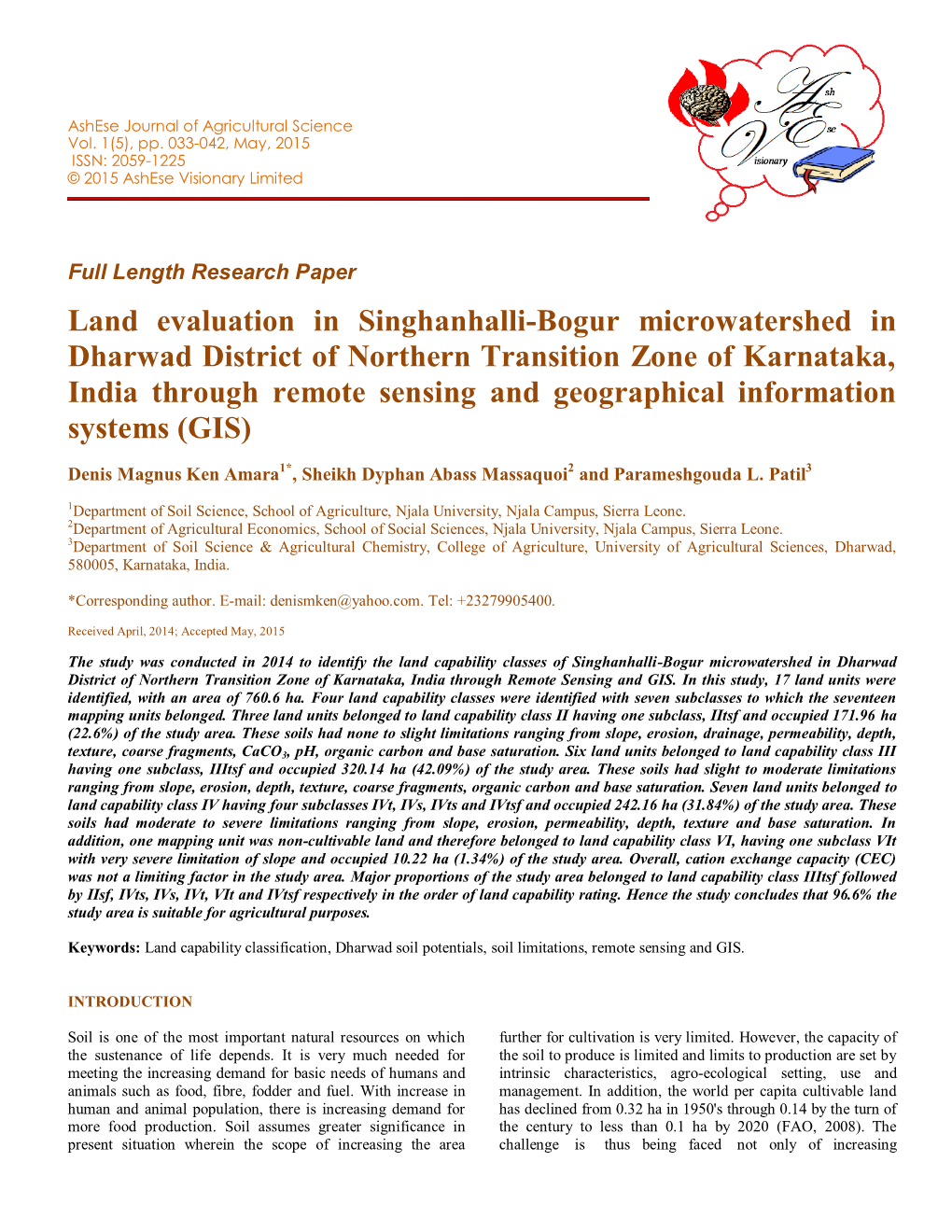Land Evaluation in Singhanhalli-Bogur