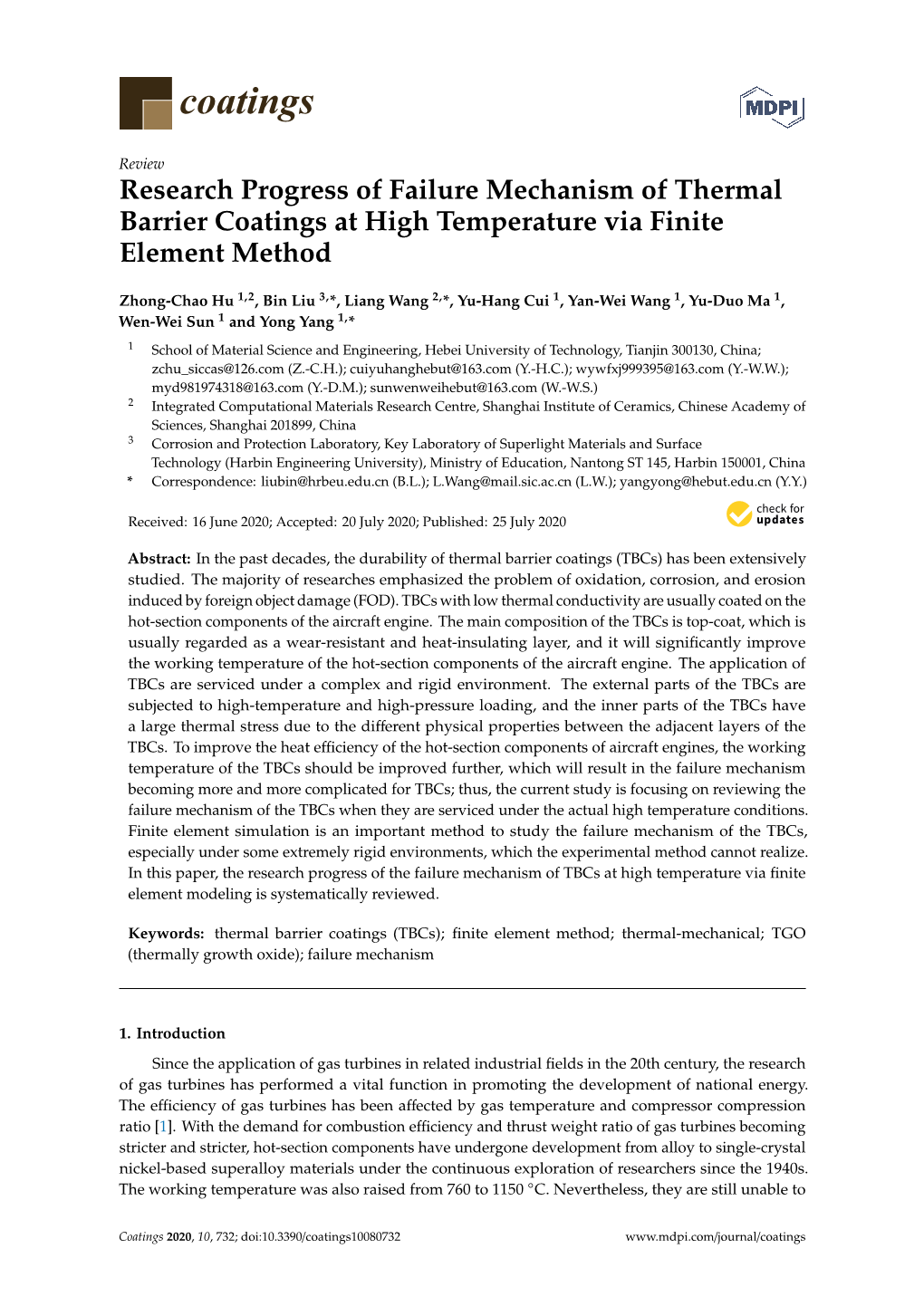 Research Progress of Failure Mechanism of Thermal Barrier Coatings at High Temperature Via Finite Element Method