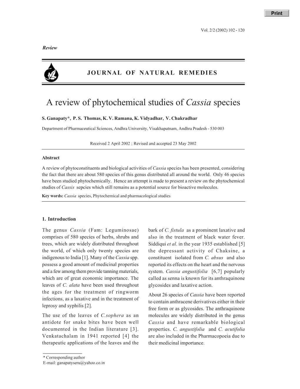 A Review of Phytochemical Studies of Cassia Species