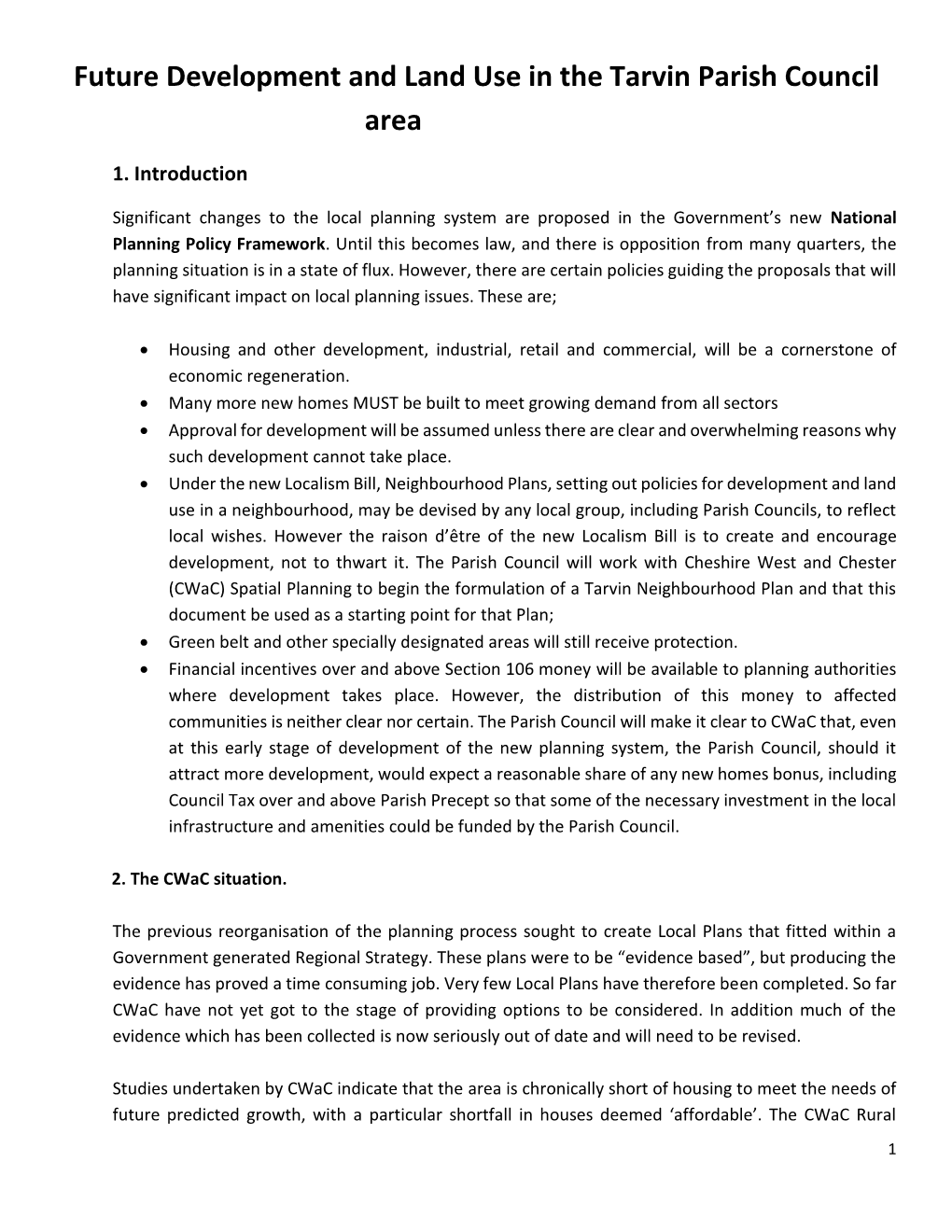 Future Development and Land Use in the Tarvin Parish Council Area