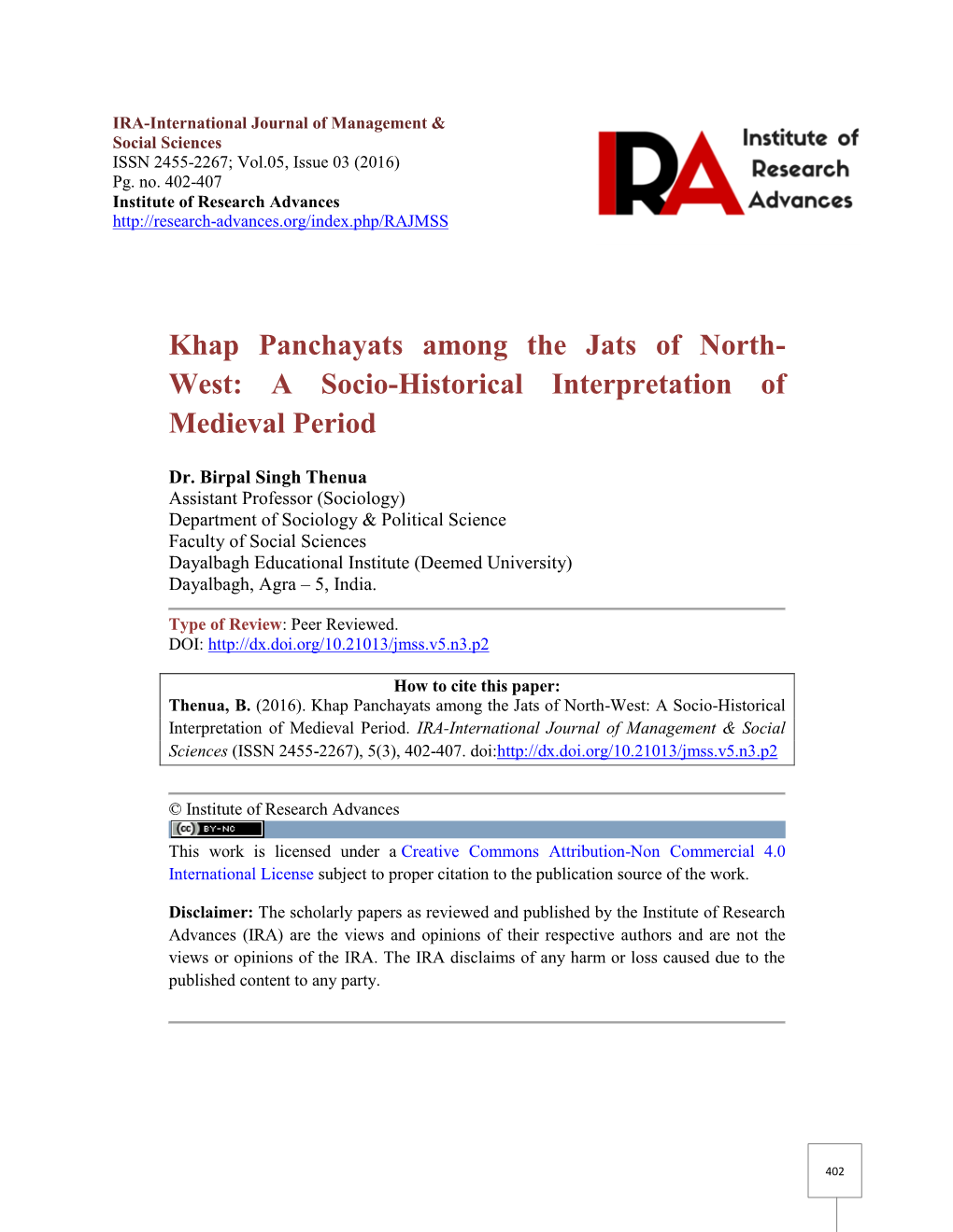 Khap Panchayats Among the Jats of North- West: a Socio-Historical Interpretation of Medieval Period