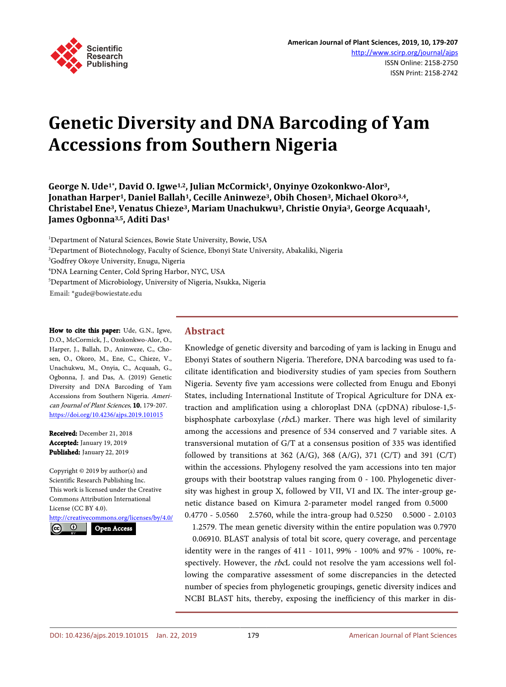Genetic Diversity and DNA Barcoding of Yam Accessions from Southern Nigeria