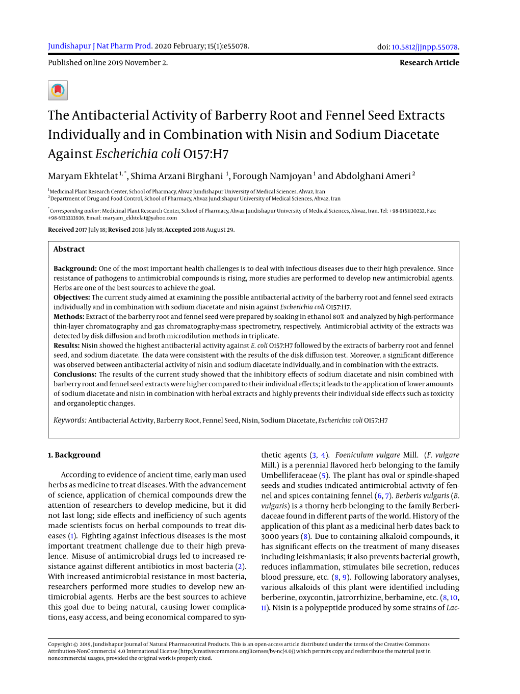 The Antibacterial Activity of Barberry Root and Fennel Seed Extracts Individually and in Combination with Nisin and Sodium Diacetate Against Escherichia Coli O157:H7