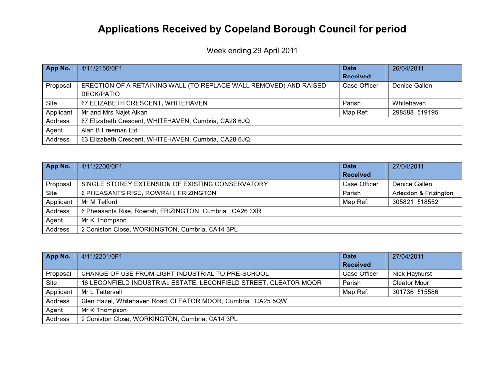 Applications Received by Copeland Borough Council for Period