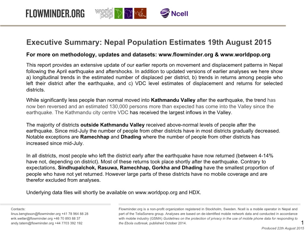 Nepal Population Estimates 19Th August 2015