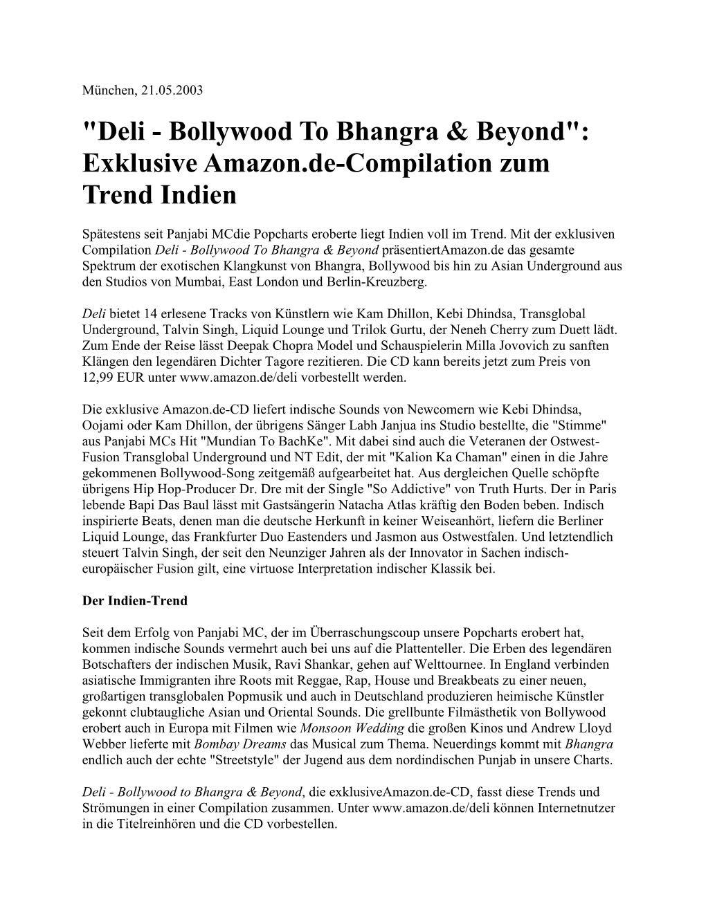 "Deli - Bollywood to Bhangra & Beyond": Exklusive Amazon.De-Compilation Zum Trend Indien