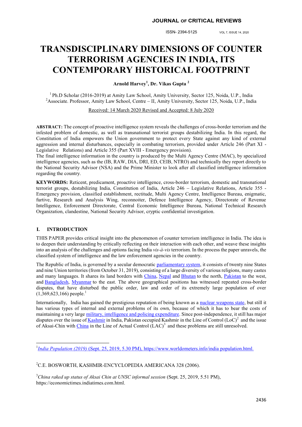 Transdisciplinary Dimensions of Counter Terrorism Agencies in India, Its Contemporary Historical Footprint