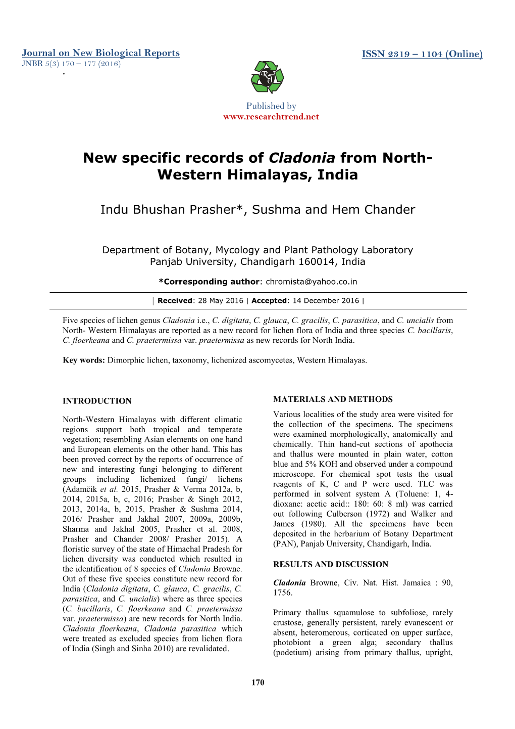 New Specific Records of Cladonia from North- Western Himalayas, India