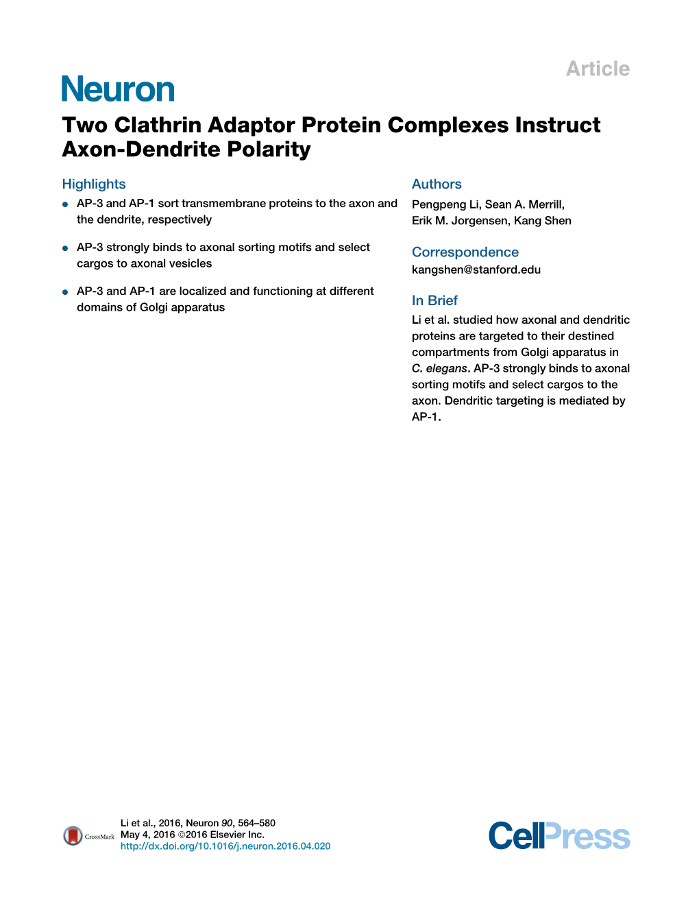 Two Clathrin Adaptor Protein Complexes Instruct Axon-Dendrite Polarity