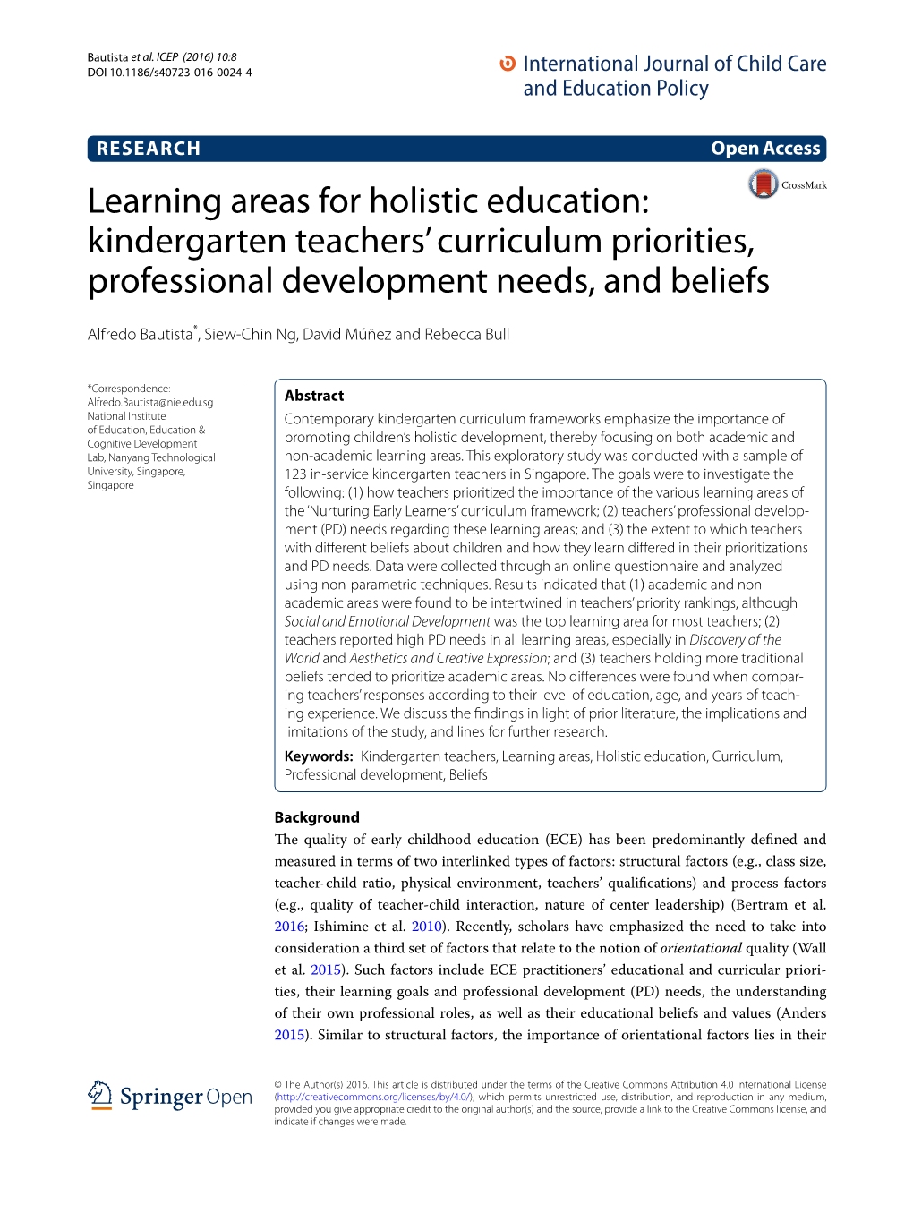 Learning Areas for Holistic Education: Kindergarten Teachers' Curriculum