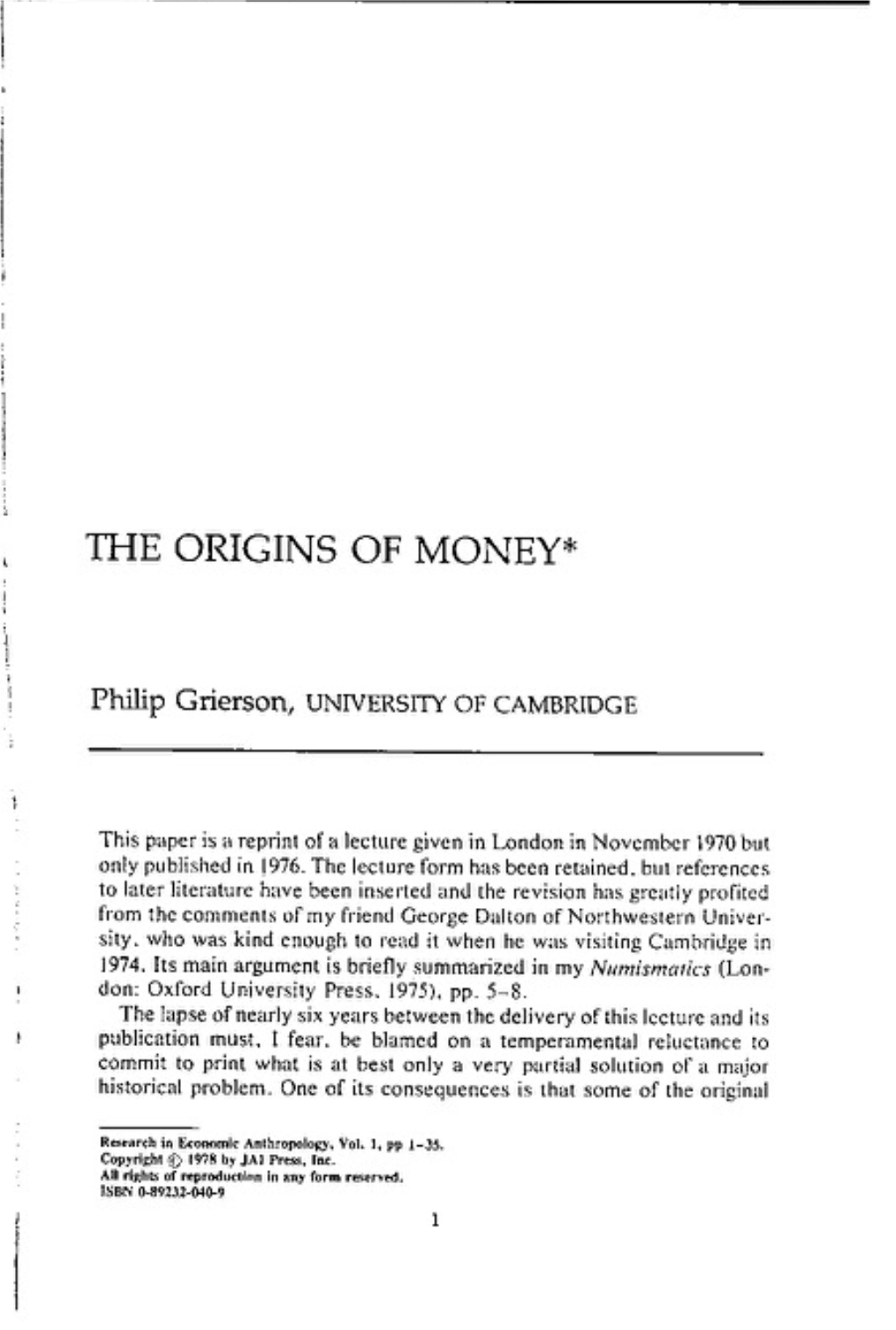 The Origins of Money*