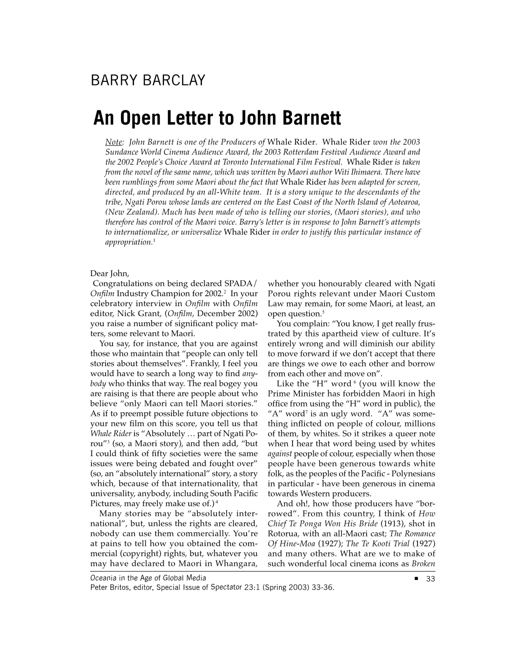 An Open Letter to John Barnett