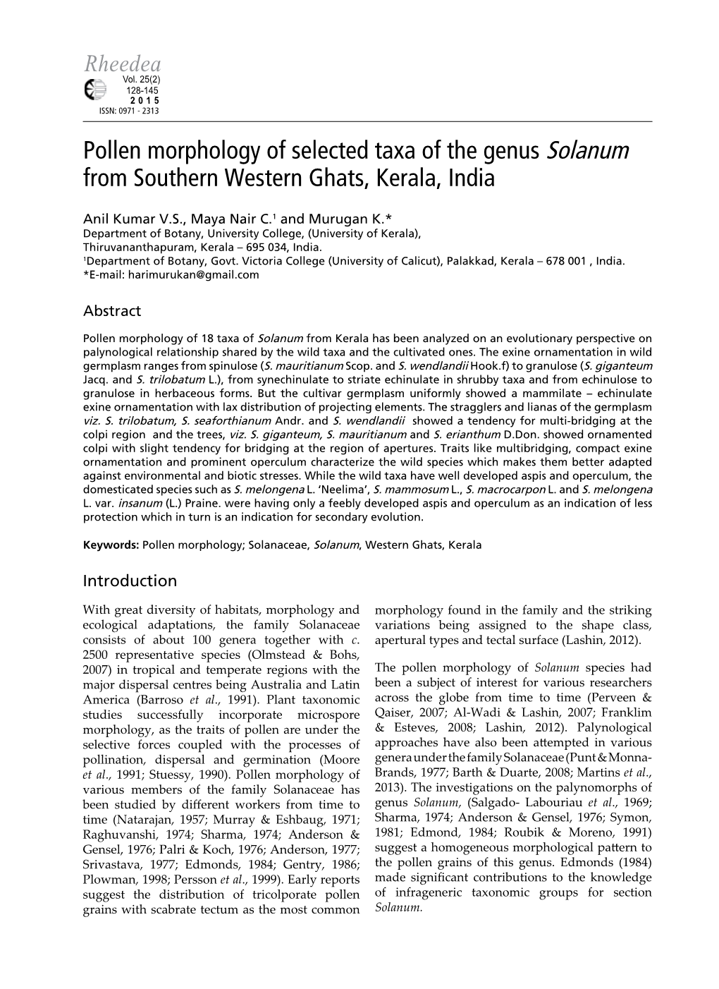 Pollen Morphology of Selected Taxa of the Genus Solanum from Southern Western Ghats, Kerala, India