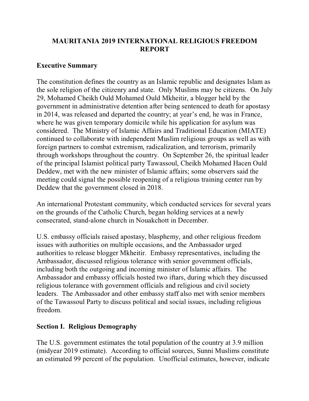 Mauritania 2019 International Religious Freedom Report