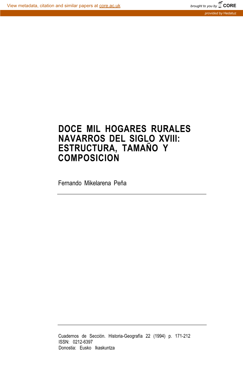 Doce Mil Hogares Rurales Navarros Del Siglo Xviii: Estructura, Tamaño Y Composicion