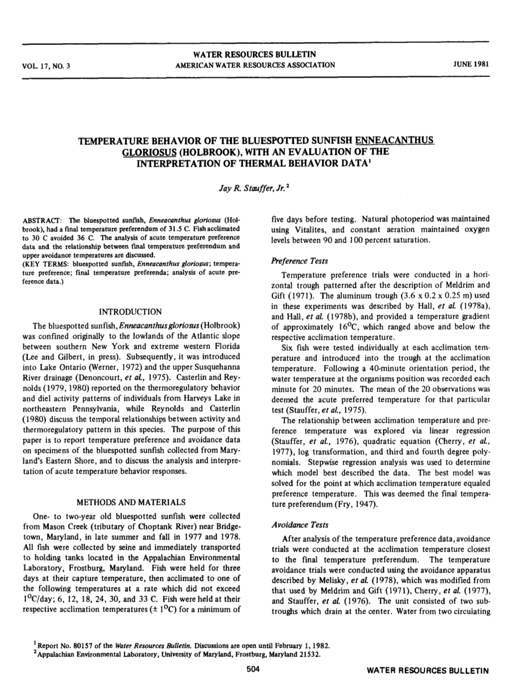 (1981) Temperature Behavior of the Bluespotted Sunfish, Enneacanthus