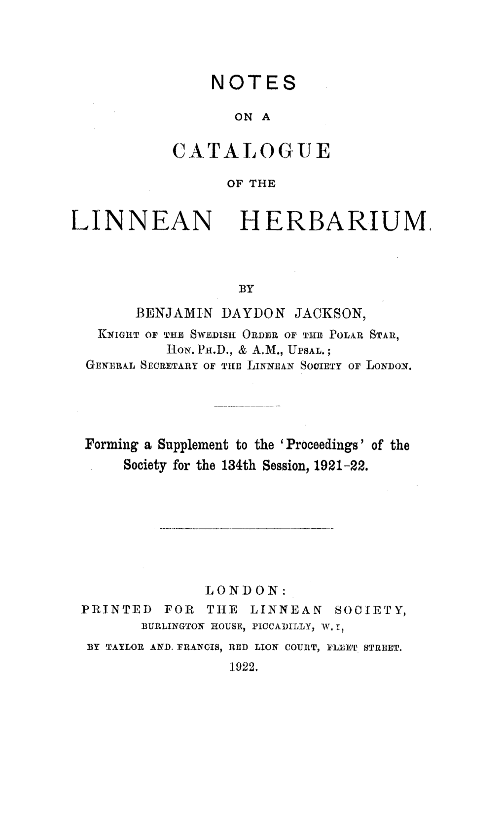 Notes on a Catalogue of the Linnean Herbarium