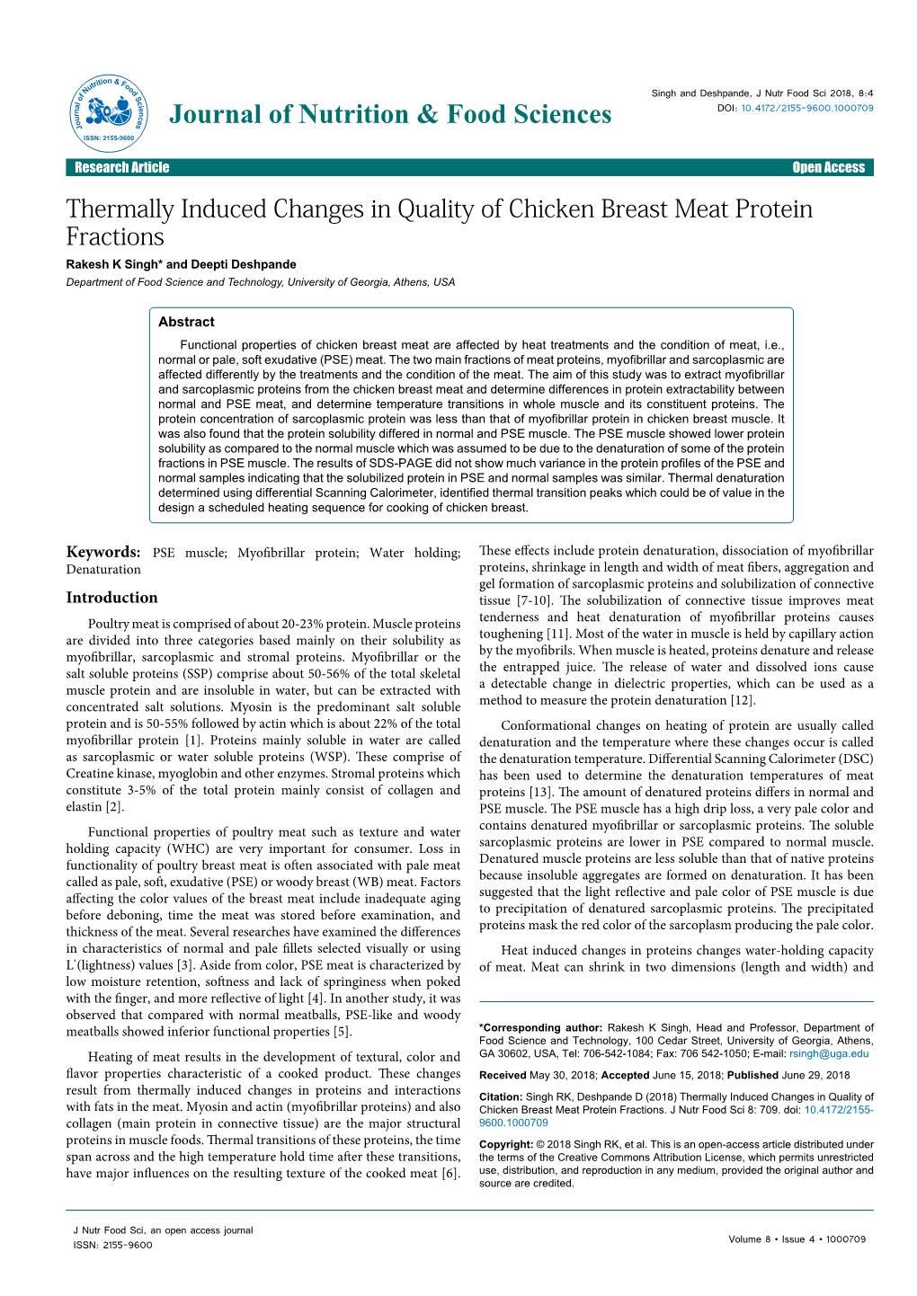 Thermally Induced Changes in Quality of Chicken Breast Meat Protein