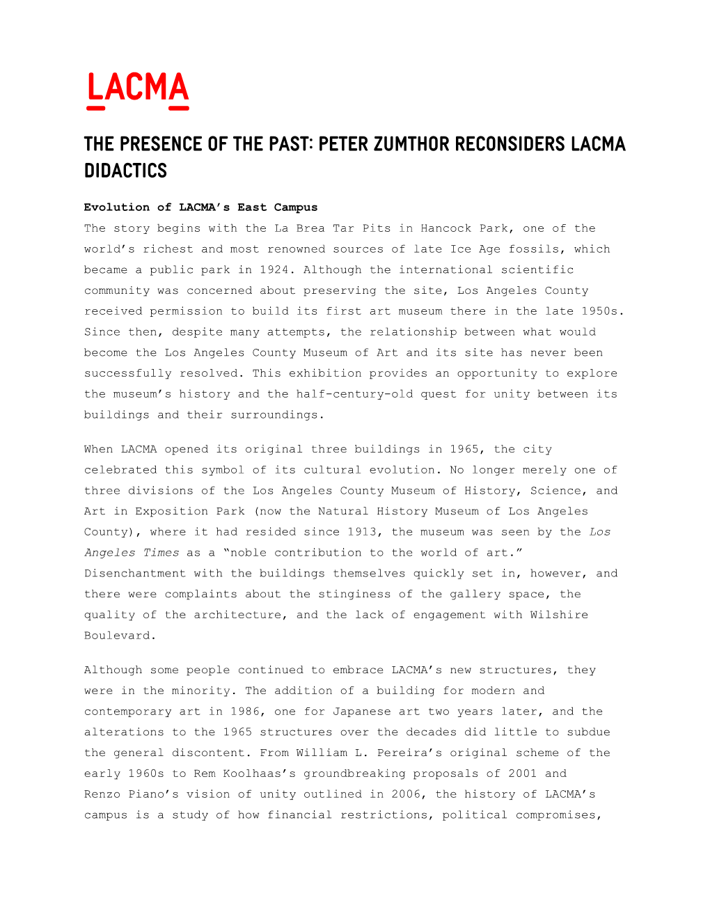 The Presence of the Past: Peter Zumthor Reconsiders LACMA Didactics