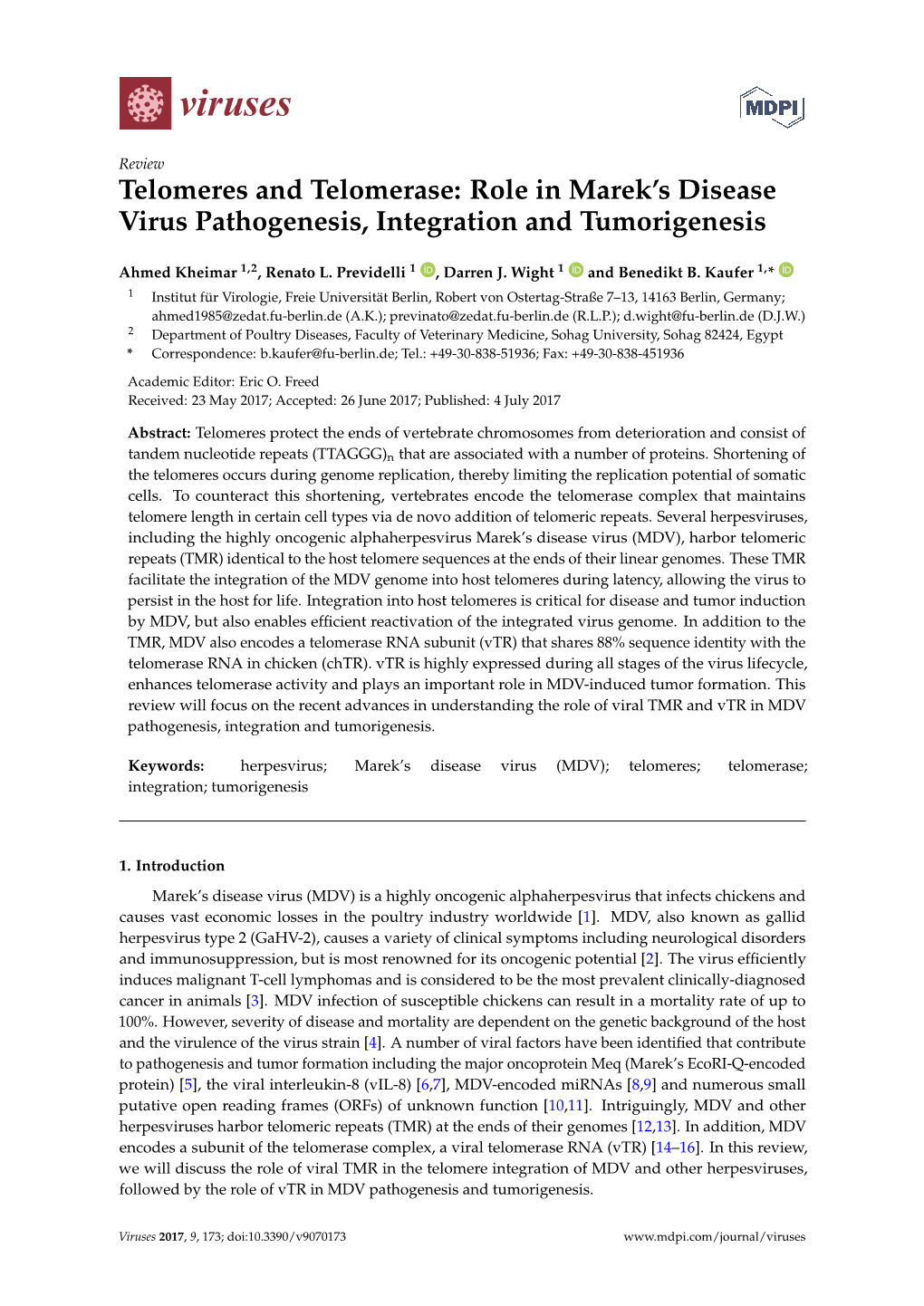 Telomeres and Telomerase: Role in Marek’S Disease Virus Pathogenesis, Integration and Tumorigenesis