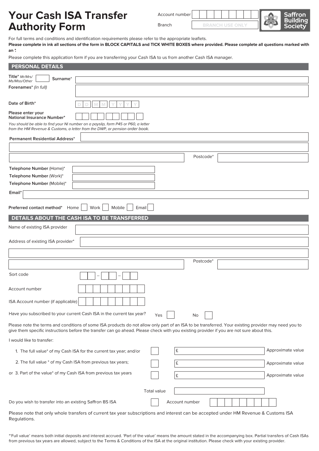 Your Cash ISA Transfer Authority Form