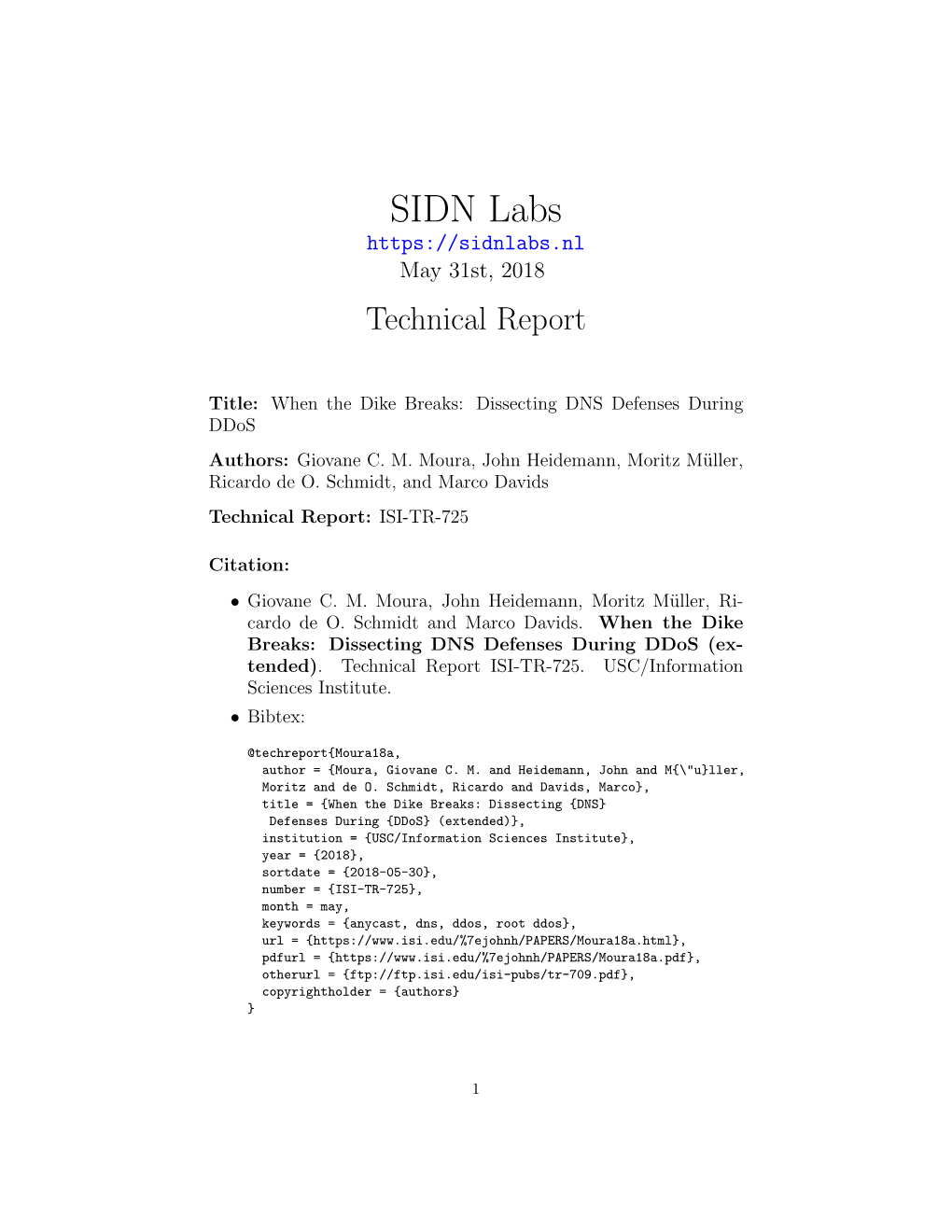 SIDN Labs May 31St, 2018 Technical Report