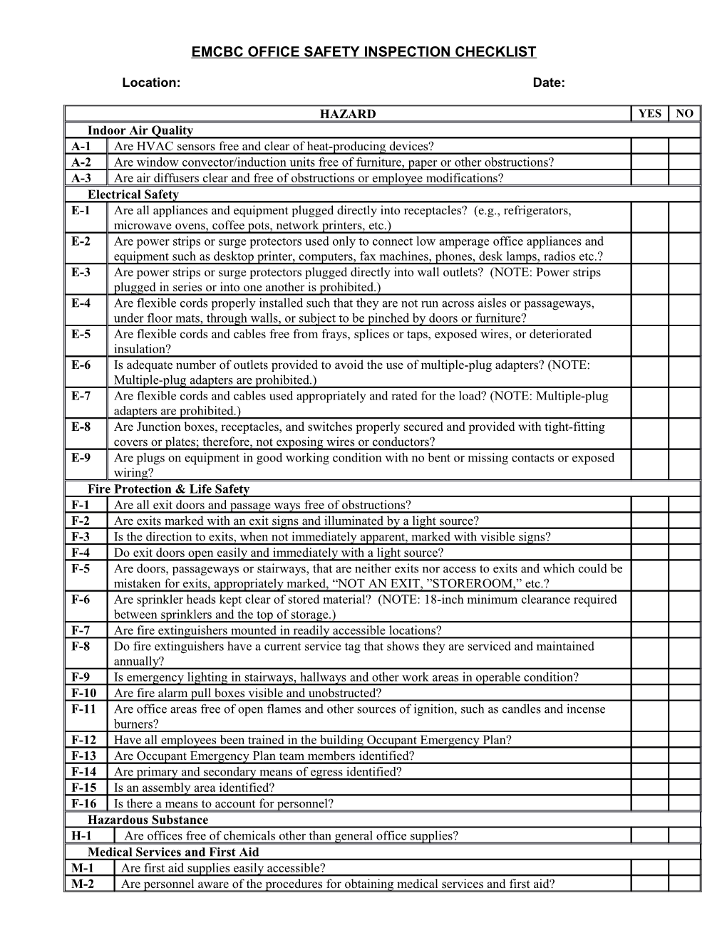 Emcbc Office Safety Inspection Checklist