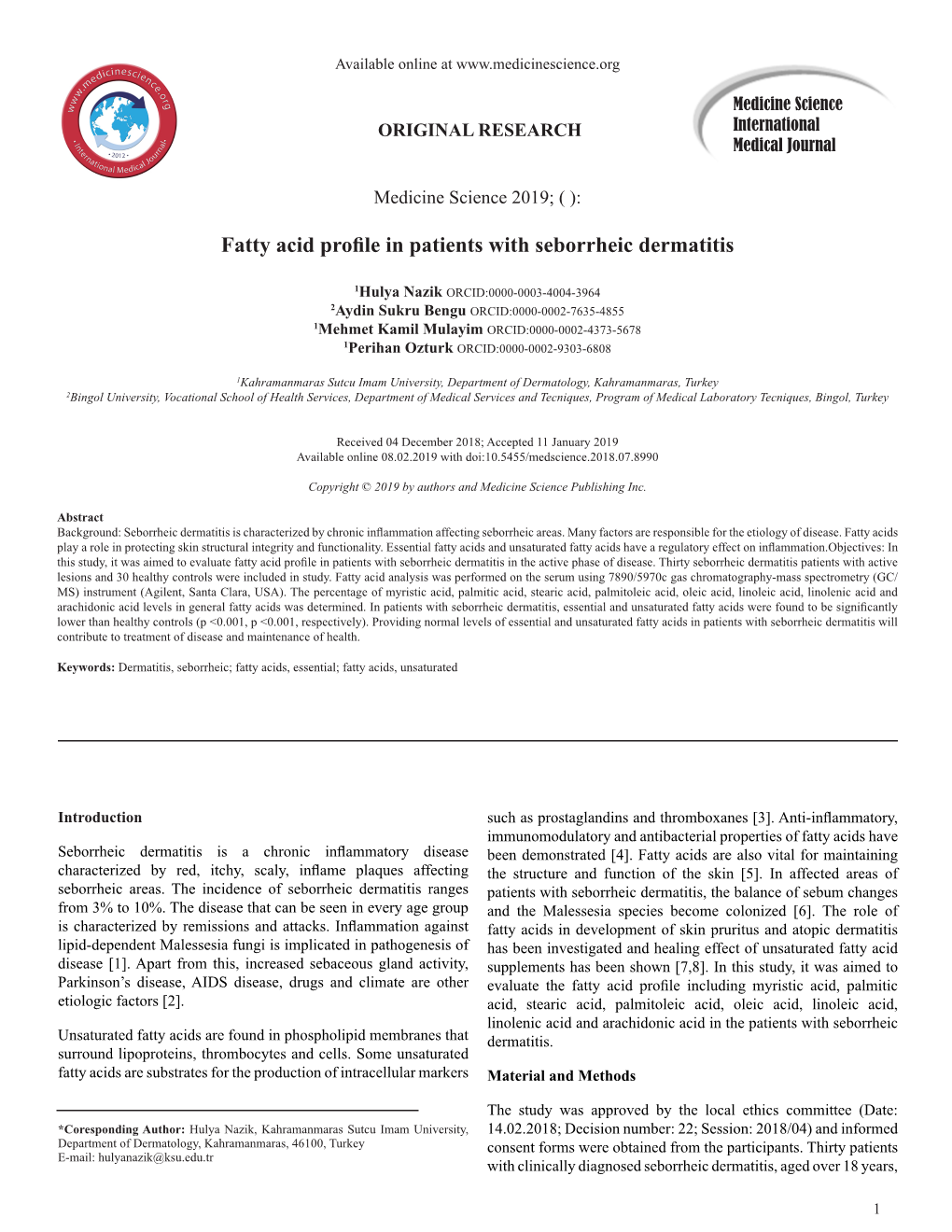 Fatty Acid Profile in Patients with Seborrheic Dermatitis