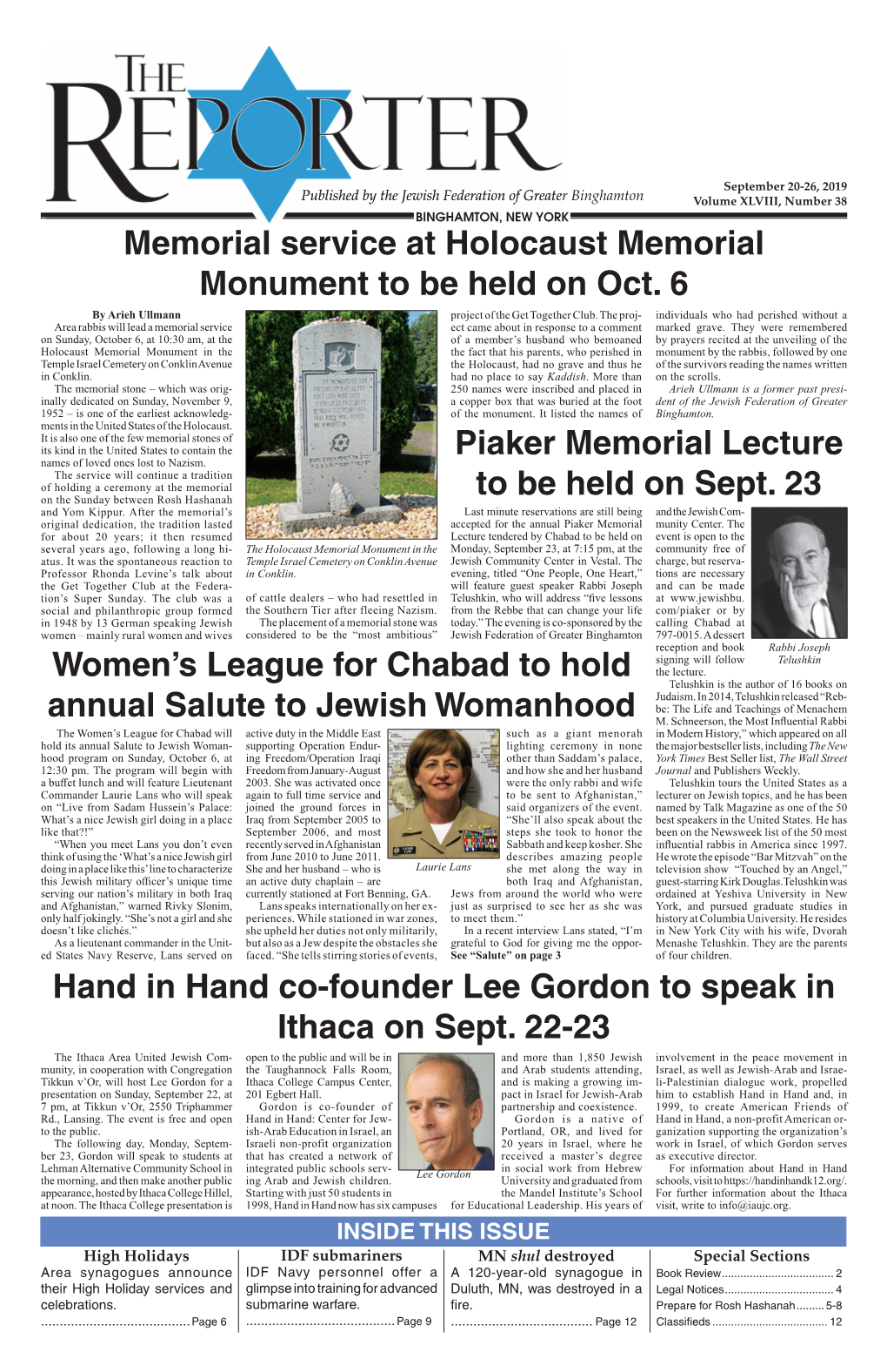 Hand in Hand Co-Founder Lee Gordon to Speak in Ithaca on Sept. 22-23 Memorial Service at Holocaust Memorial Monument to Be Held