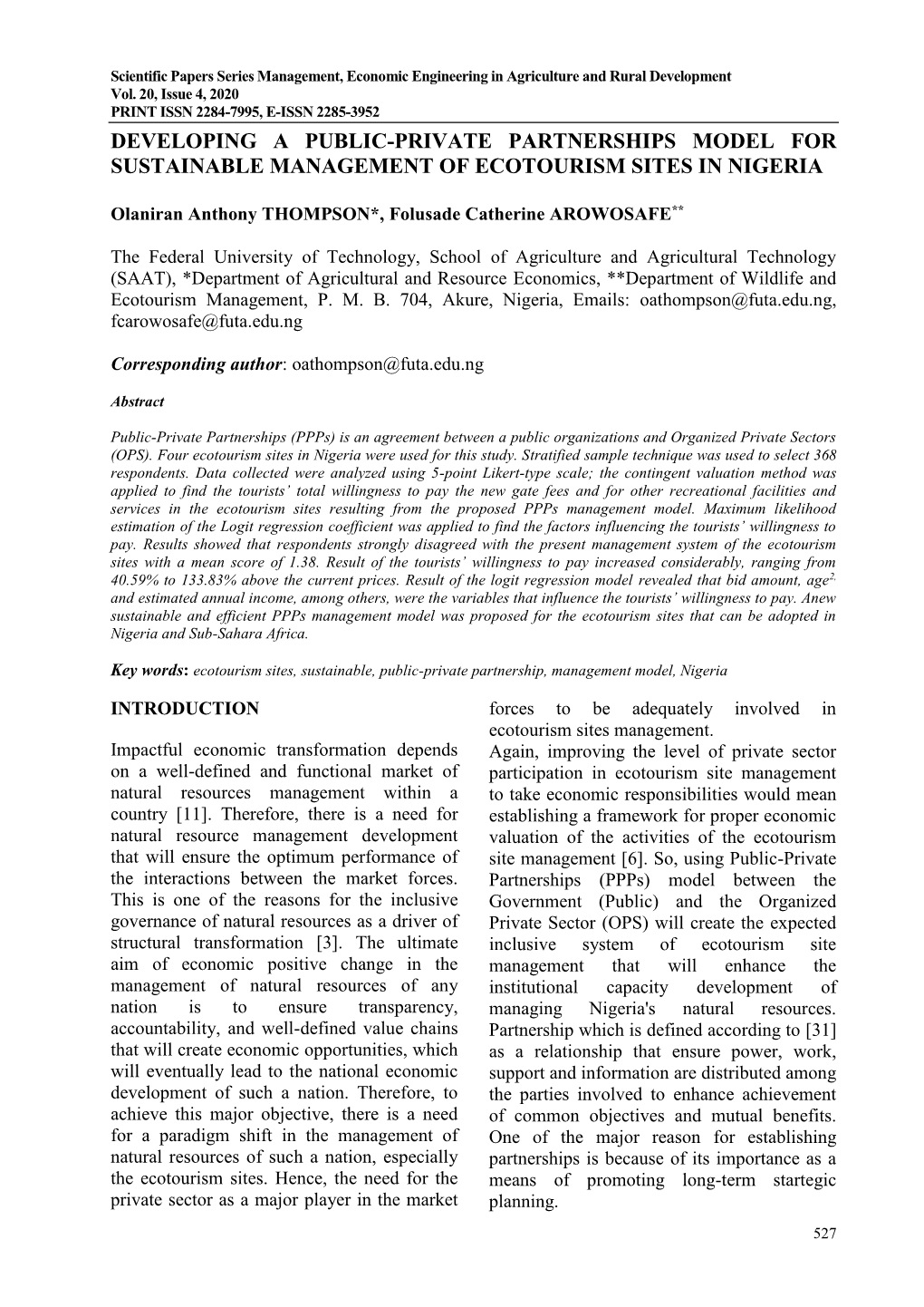 Developing a Public-Private Partnerships Model for Sustainable Management of Ecotourism Sites in Nigeria