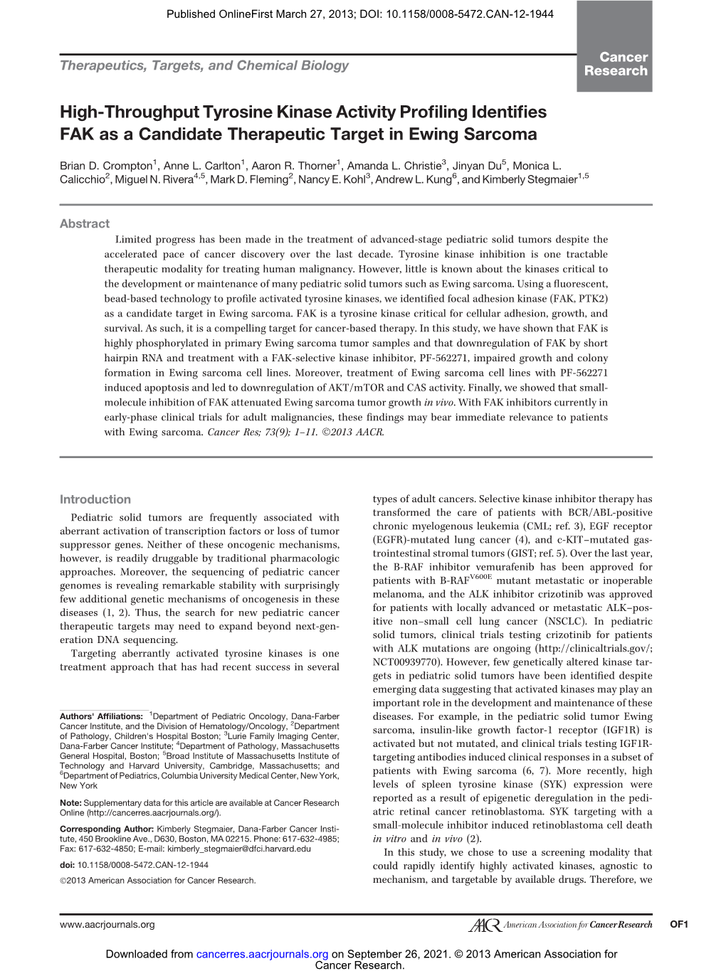 High-Throughput Tyrosine Kinase Activity Profiling Identifies FAK As a Candidate Therapeutic Target in Ewing Sarcoma