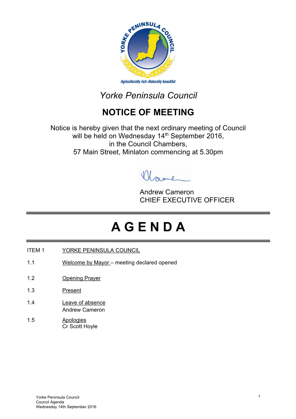 Council Agenda Wednesday 14Th September 2016 1.6 Conflict of Interest