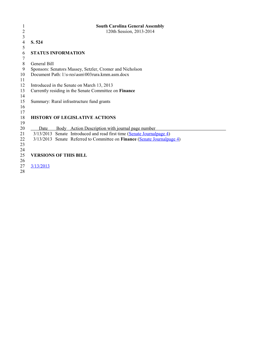 2013-2014 Bill 524: Rural Infrastructure Fund Grants - South Carolina Legislature Online