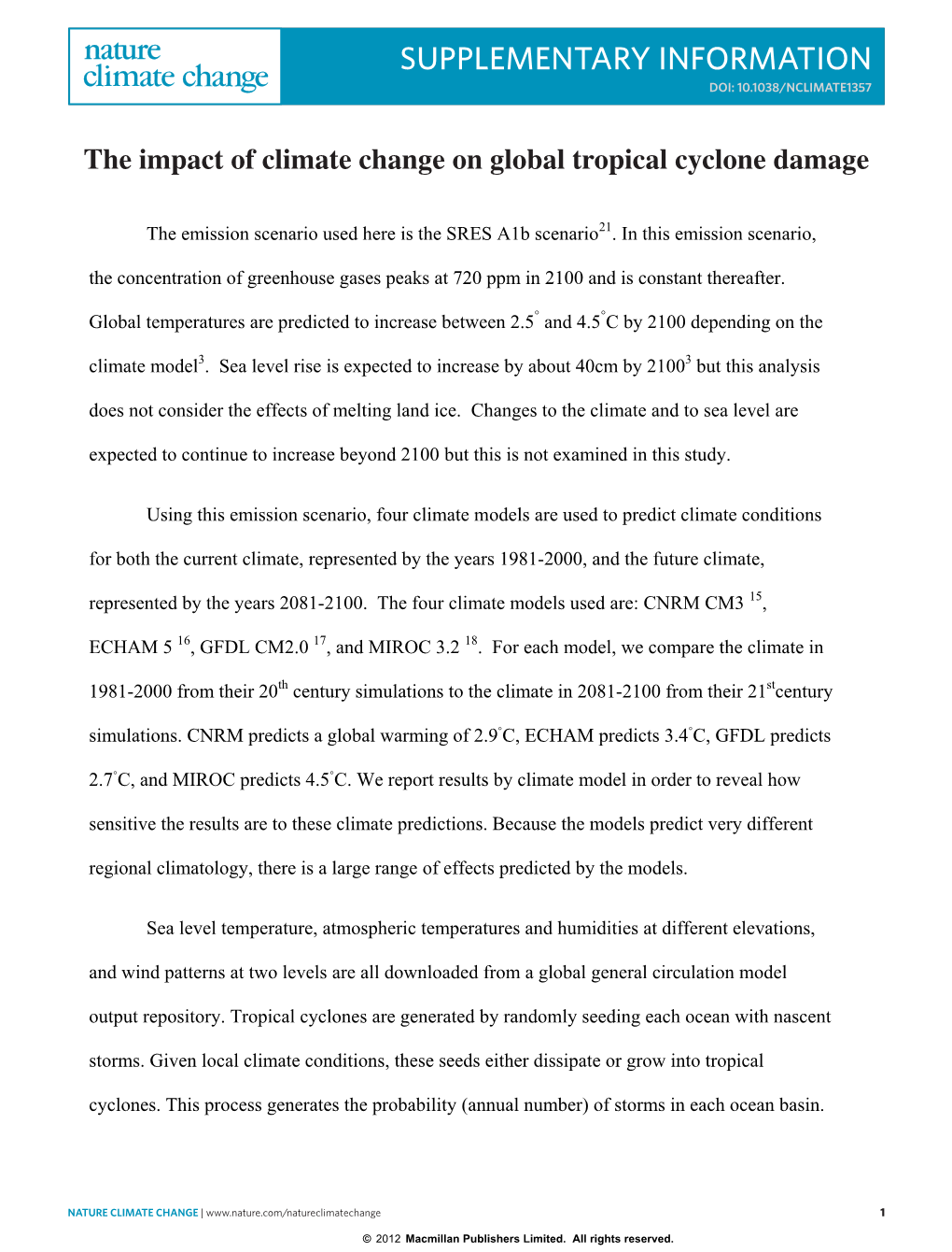 Supplementary Information Doi: 10.1038/Nclimate1357