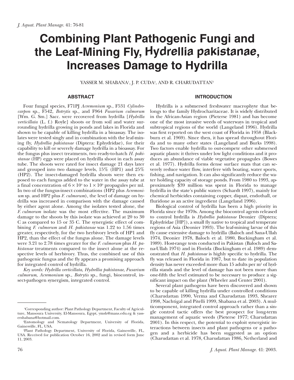 Combining Plant Pathogenic Fungi and the Leaf-Mining Fly, Hydrellia Pakistanae, Increases Damage to Hydrilla