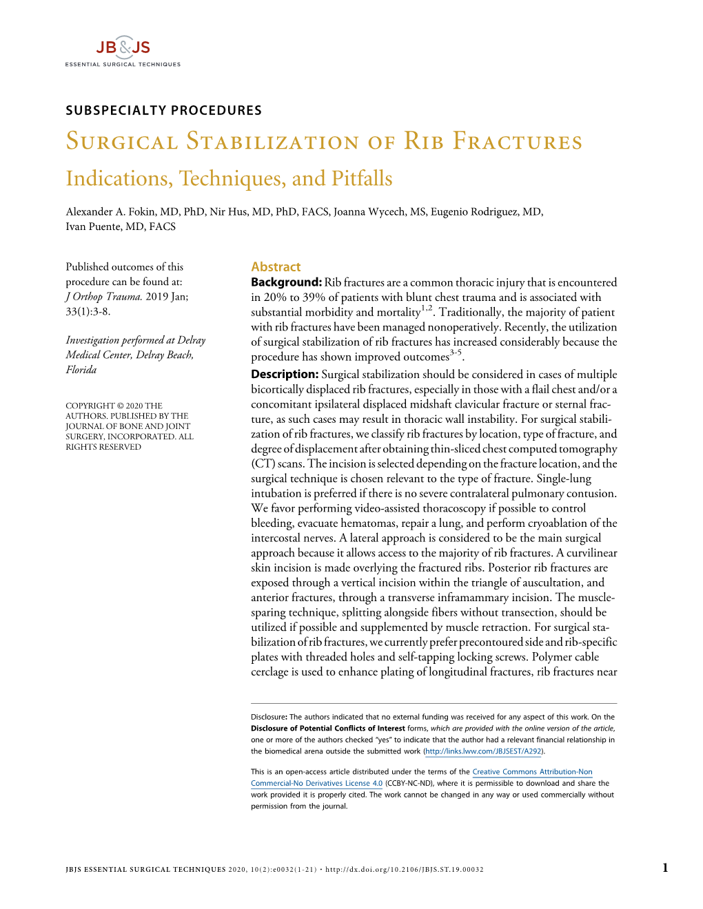 Surgical Stabilization of Rib Fractures Indications, Techniques, and Pitfalls