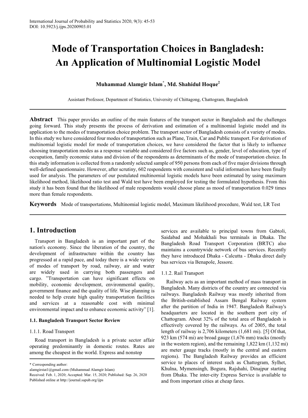 Mode of Transportations, Multinomial Logistic Model, Maximum Likelihood Procedure, Wald Test, LR Test