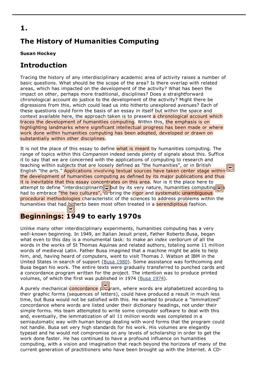 1. the History of Humanities Computing Introduction Beginnings