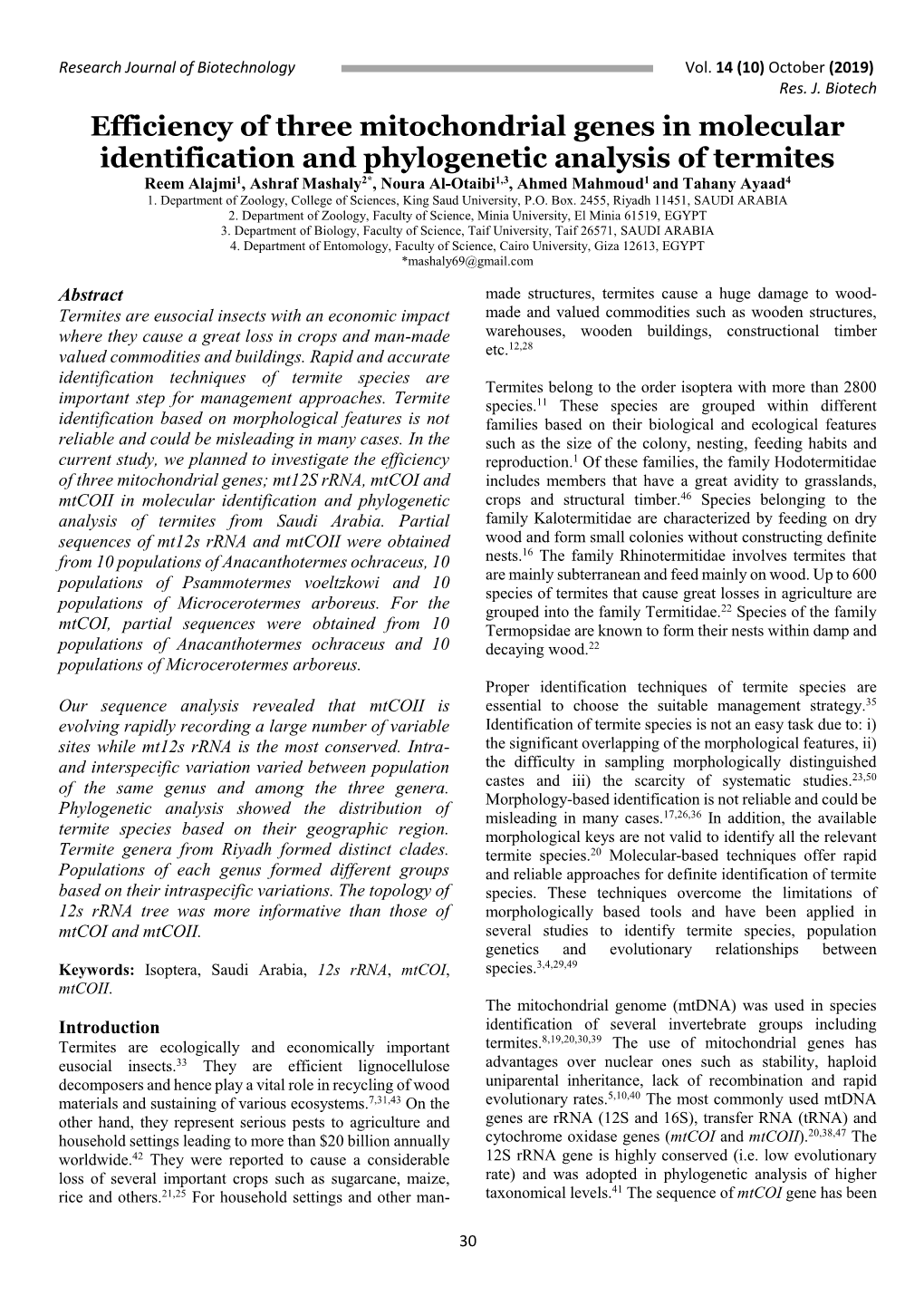 Efficiency of Three Mitochondrial Genes in Molecular Identification