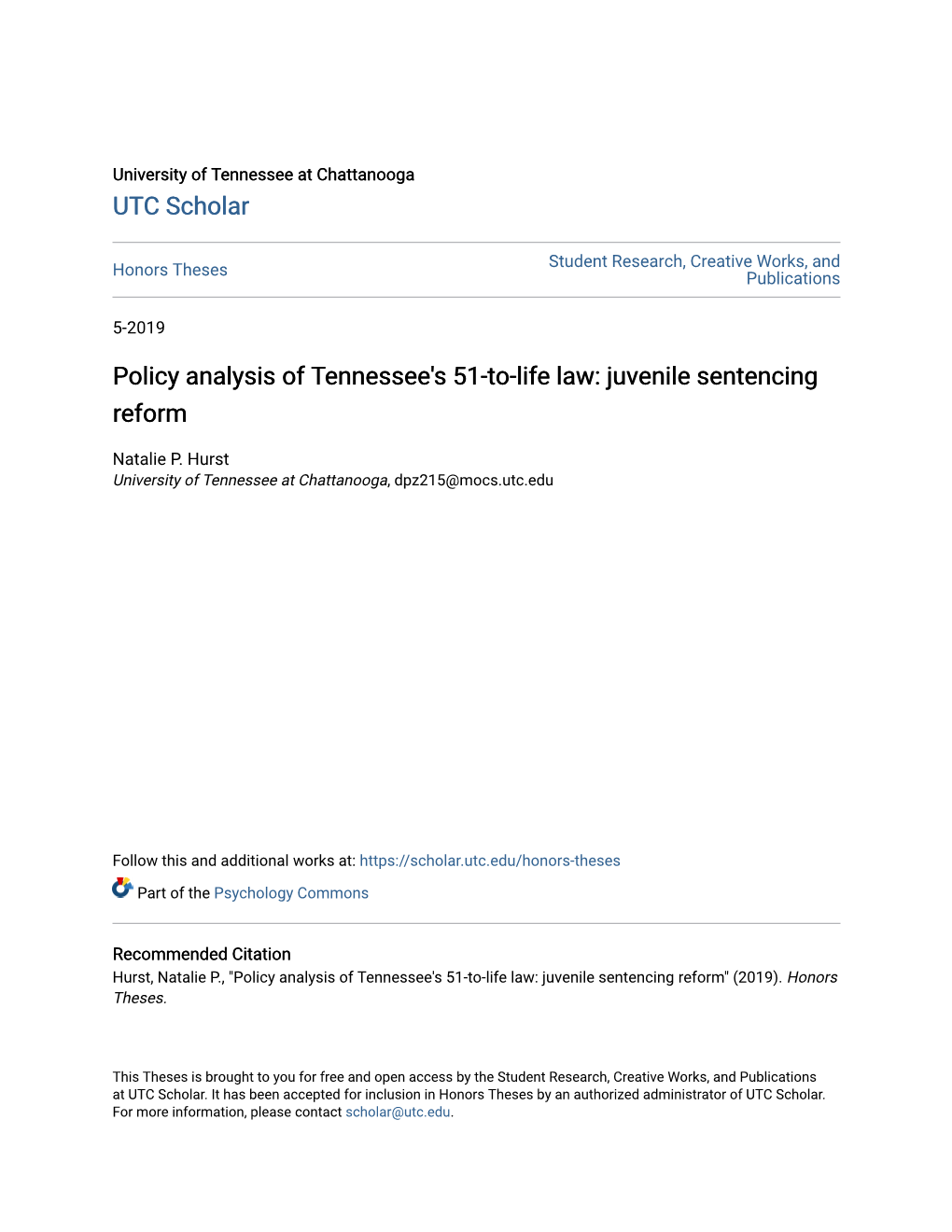 Policy Analysis of Tennessee's 51-To-Life Law: Juvenile Sentencing Reform