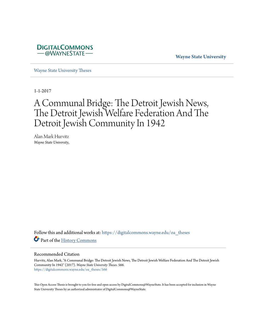 A Communal Bridge: the Detroit Jewish News, the Detroit Jewish Welfare Federation and the Detroit Jewish Community in 1942