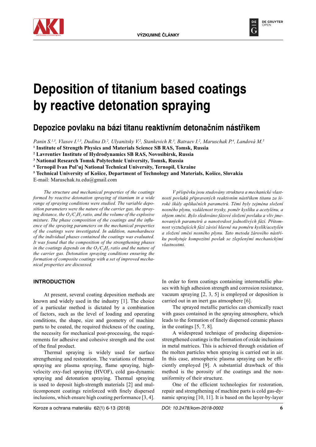 Deposition of Titanium Based Coatings by Reactive Detonation Spraying