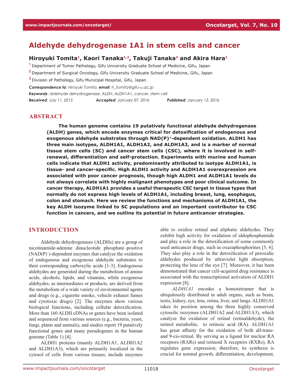 Aldehyde Dehydrogenase 1A1 in Stem Cells and Cancer