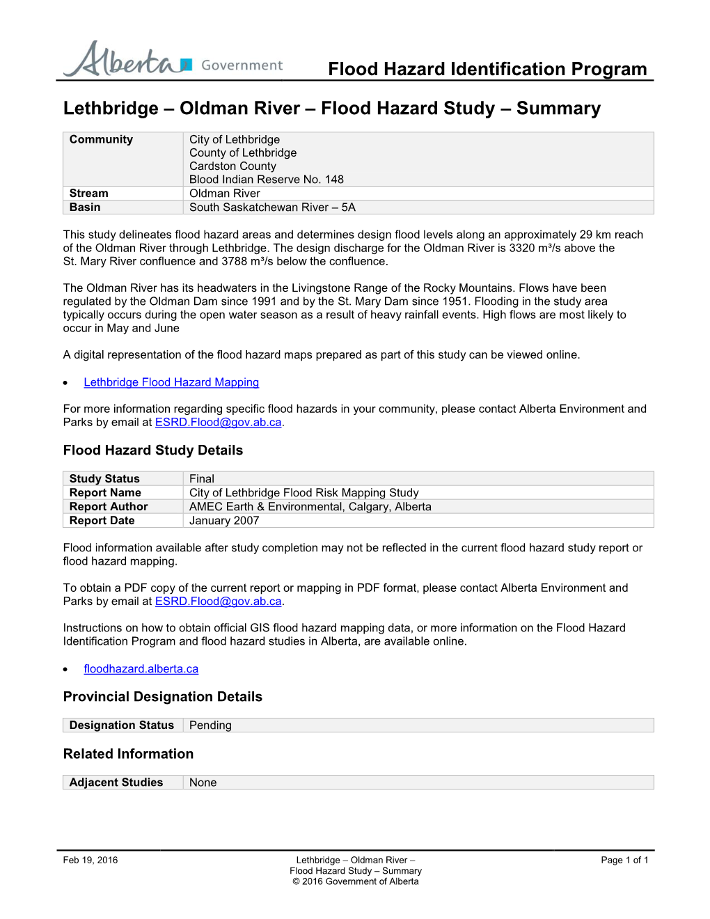 Lethbridge – Oldman River – Flood Hazard Study – Summary