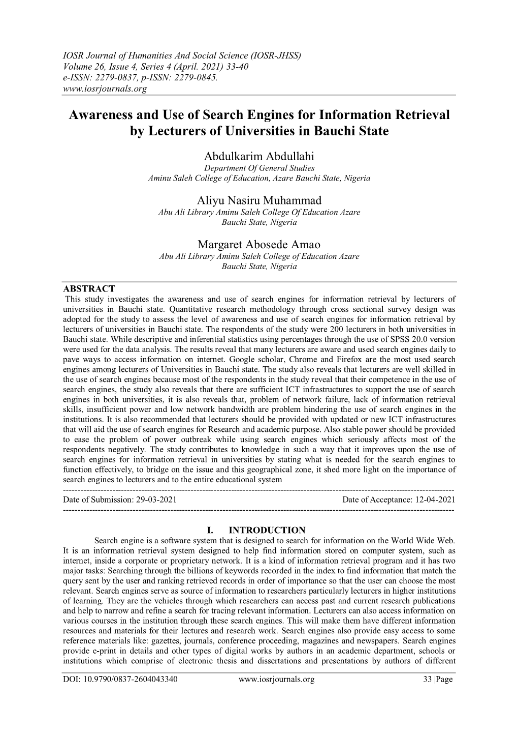 Awareness and Use of Search Engines for Information Retrieval by Lecturers of Universities in Bauchi State