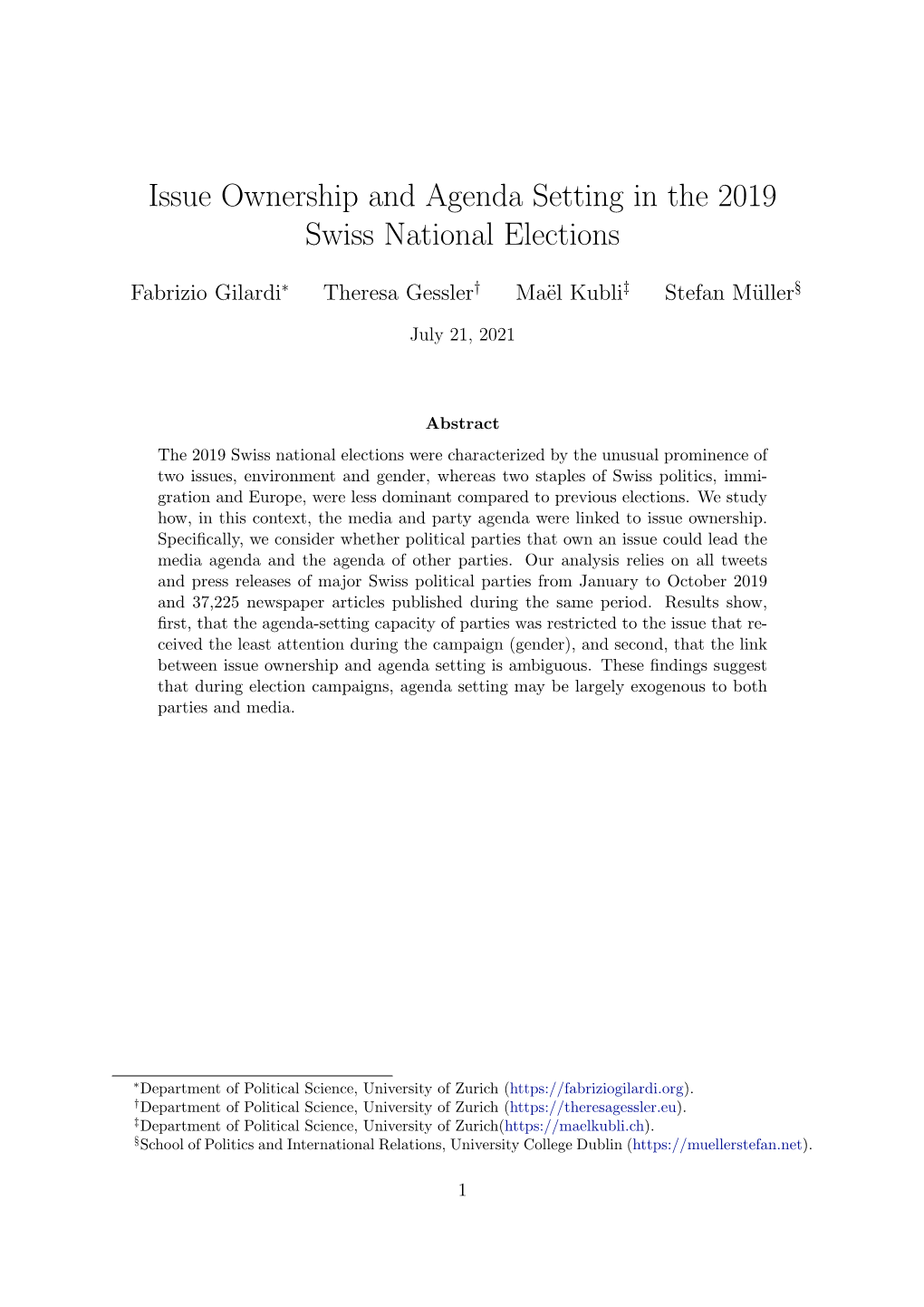 Issue Ownership and Agenda Setting in the 2019 Swiss National Elections