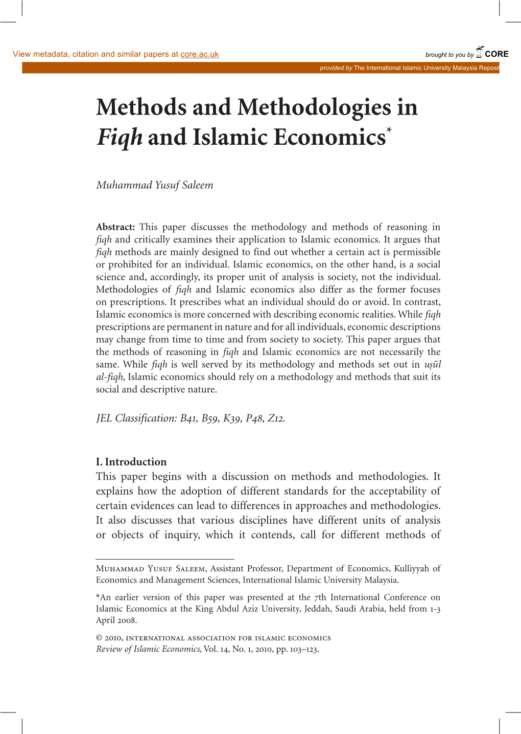 Methods and Methodologies in Fiqh and Islamic Economics*